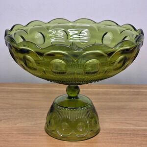 Vintage LE Smith Green Moon And Stars Glass Compote Candy Fruit Pedestal Dish